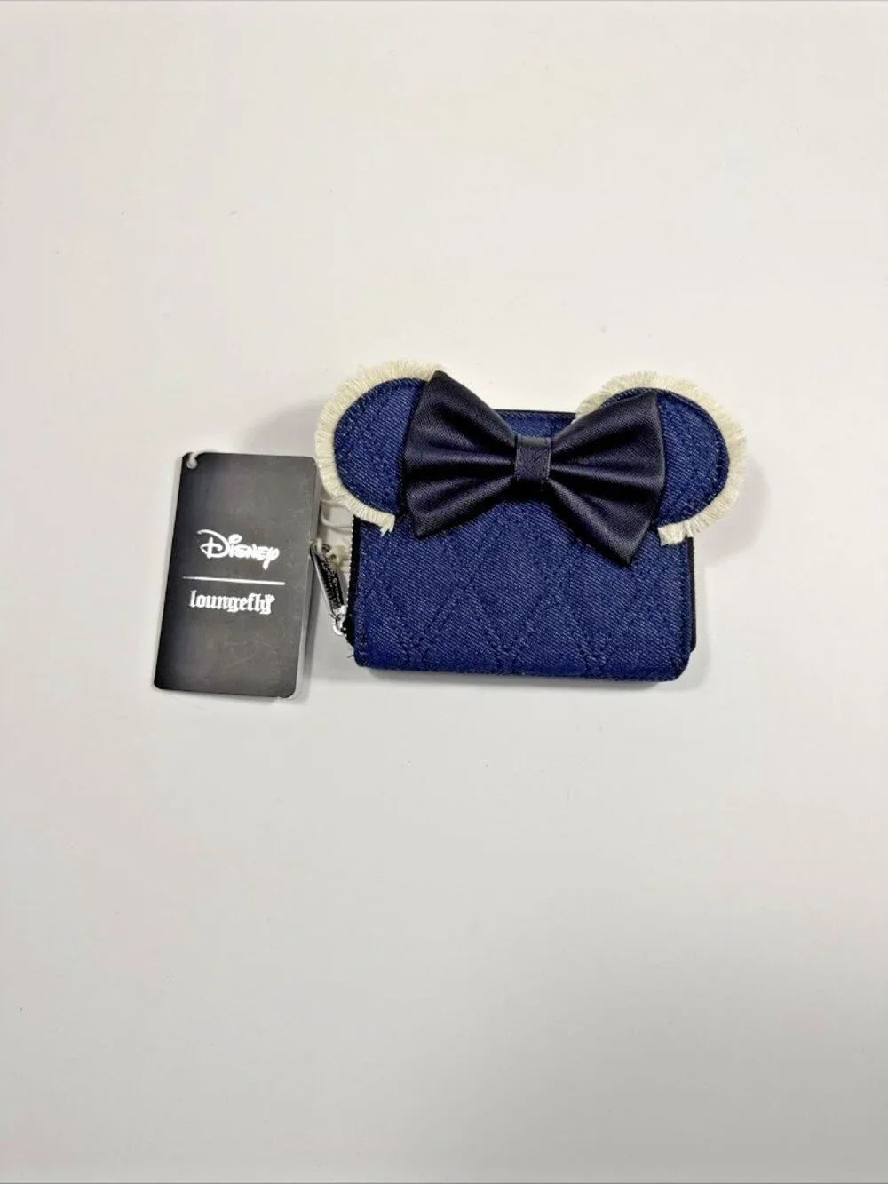 Loungefly Disney Minnie Mouse Quilted Denim Mini Zip Wallet Blue/Black NWT